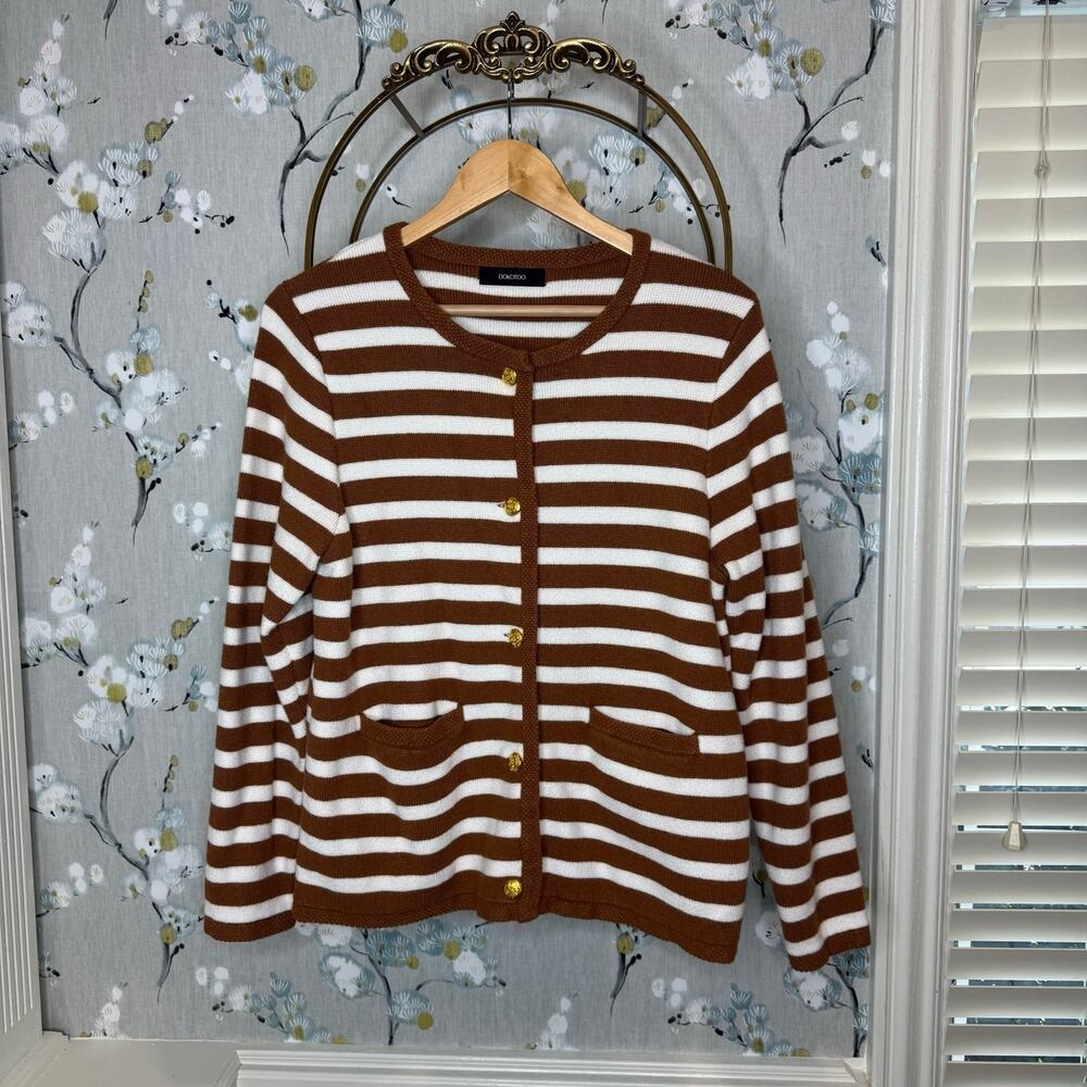 Dokotoo Brown White Striped Cardigan Sweater Gold Button Front Long Sleeve Large